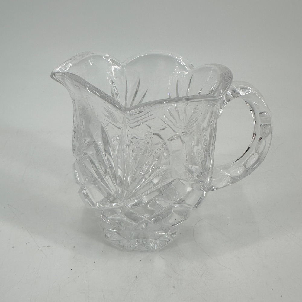 Vintage Clear Cut Glass Creamer Pitcher Starburst Diamond Pattern Scalloped Rim
